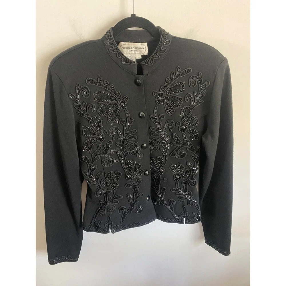 Adrienne Vittadini Vintage Black Beaded Wool Blend Floral Butterfly Jacket Sz 14